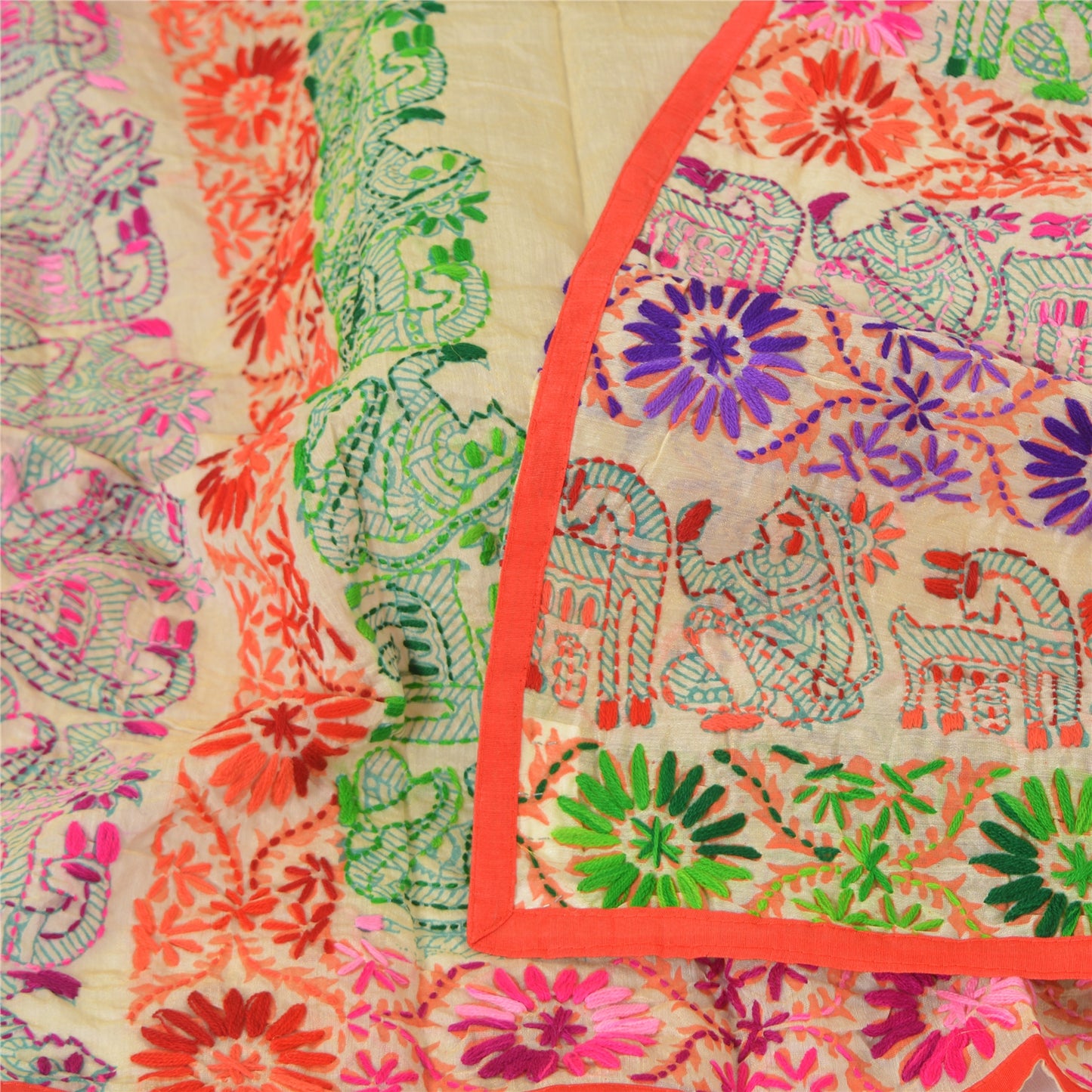 Sanskriti New Beige Dupatta/Stole Phulkari Hand Embroidery Art Silk Wedding Veil