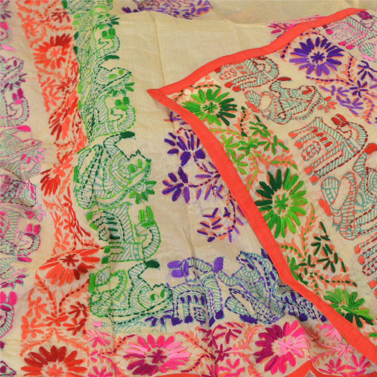 Sanskriti New Beige Dupatta/Stole Phulkari Hand Embroidery Art Silk Wedding Veil