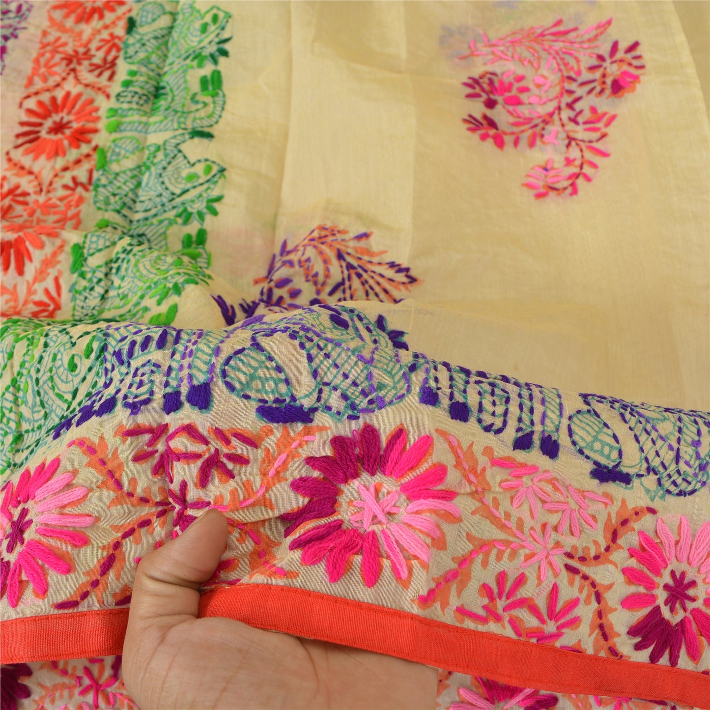 Sanskriti New Beige Dupatta/Stole Phulkari Hand Embroidery Art Silk Wedding Veil