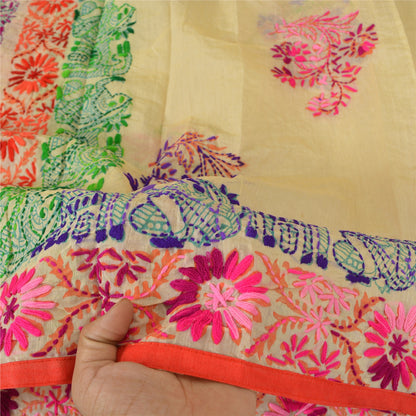 Sanskriti New Beige Dupatta/Stole Phulkari Hand Embroidery Art Silk Wedding Veil
