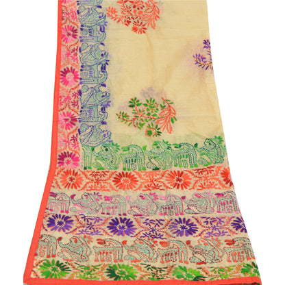 Sanskriti New Beige Dupatta/Stole Phulkari Hand Embroidery Art Silk Wedding Veil