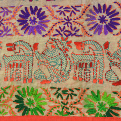 Sanskriti New Beige Dupatta/Stole Phulkari Hand Embroidery Art Silk Wedding Veil