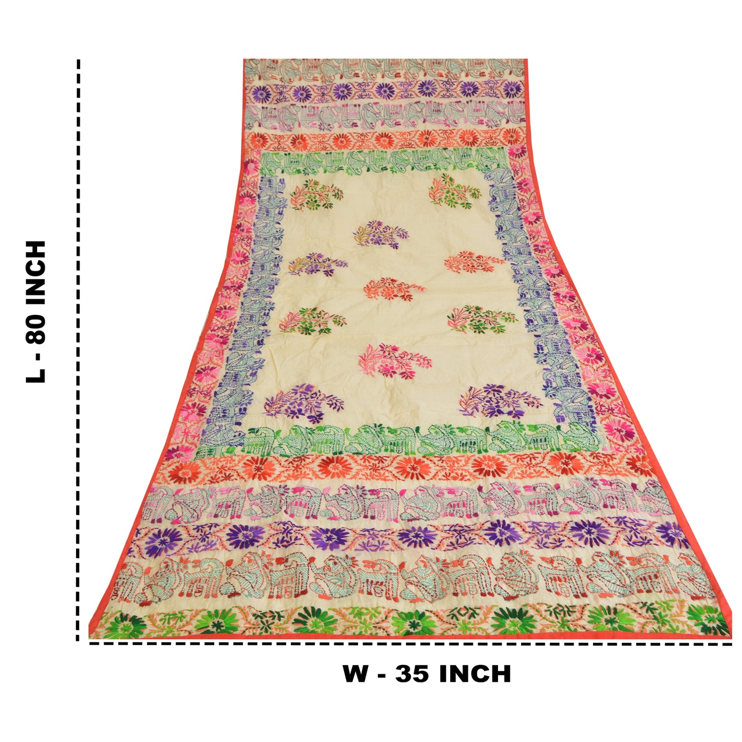 Sanskriti New Beige Dupatta/Stole Phulkari Hand Embroidery Art Silk Wedding Veil