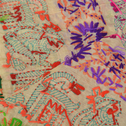 Sanskriti New Beige Dupatta/Stole Phulkari Hand Embroidery Art Silk Wedding Veil