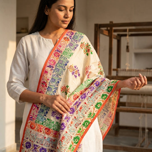 Sanskriti New Beige Dupatta/Stole Phulkari Hand Embroidery Art Silk Wedding Veil