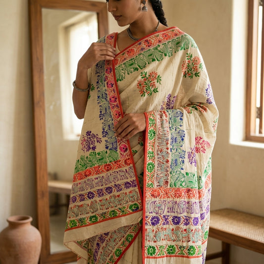 Sanskriti New Beige Dupatta/Stole Phulkari Hand Embroidery Art Silk Wedding Veil