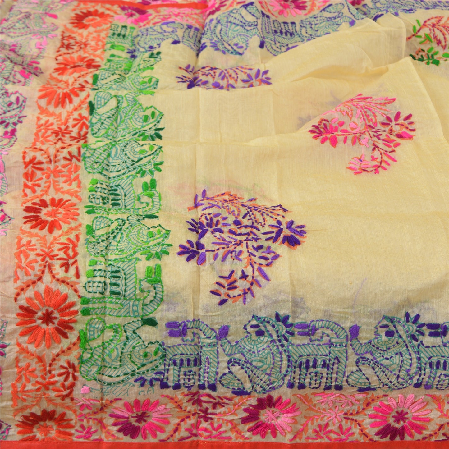Sanskriti New Beige Dupatta/Stole Phulkari Hand Embroidery Art Silk Wedding Veil