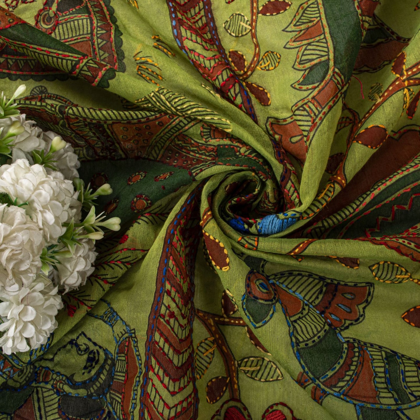 Sanskriti Vintage Green Cotton Dupatta/Stole Shrihasti Digital Kalamkari-Kantha