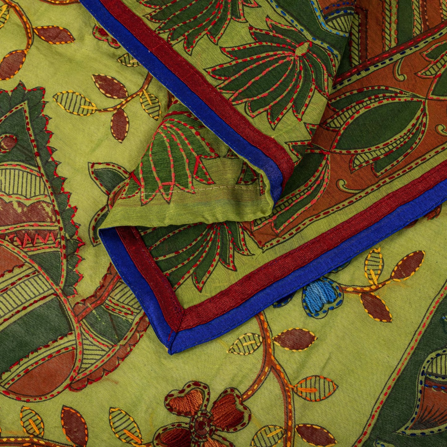 Sanskriti Vintage Green Cotton Dupatta/Stole Shrihasti Digital Kalamkari-Kantha