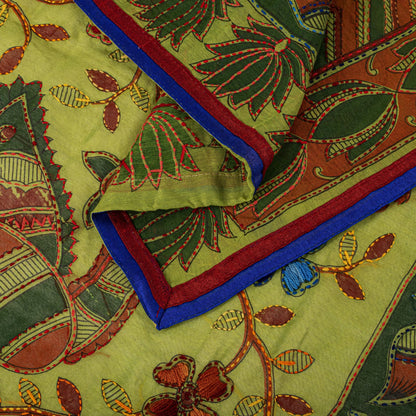 Sanskriti Vintage Green Cotton Dupatta/Stole Shrihasti Digital Kalamkari-Kantha