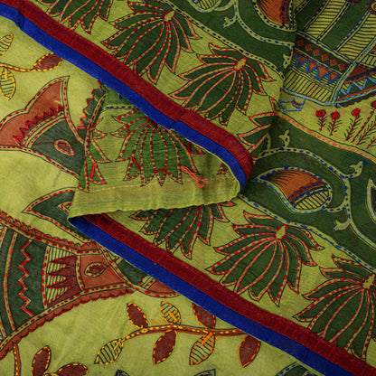 Sanskriti Vintage Green Cotton Dupatta/Stole Shrihasti Digital Kalamkari-Kantha