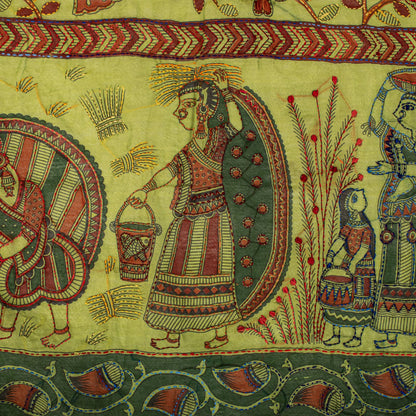 Sanskriti Vintage Green Cotton Dupatta/Stole Shrihasti Digital Kalamkari-Kantha