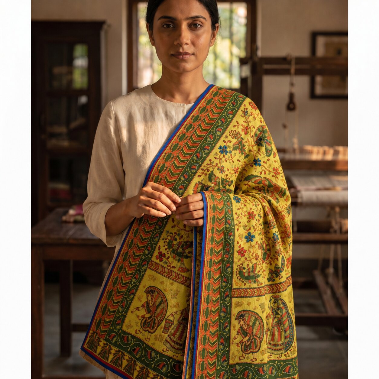 Sanskriti Vintage Green Cotton Dupatta/Stole Shrihasti Digital Kalamkari-Kantha