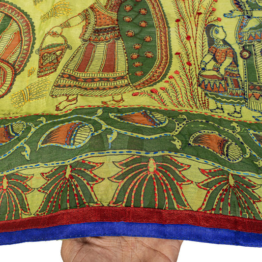 Sanskriti Vintage Green Cotton Dupatta/Stole Shrihasti Digital Kalamkari-Kantha