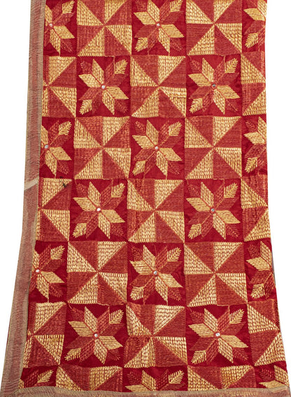 Sanskriti New Red Art Silk Bagh Phulkari Hand Embroidery Dupatta/Stole Soft Veil