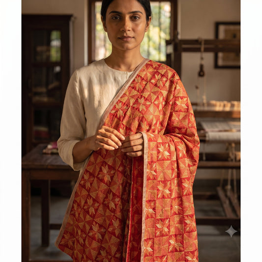 Sanskriti New Red Art Silk Bagh Phulkari Hand Embroidery Dupatta/Stole Soft Veil