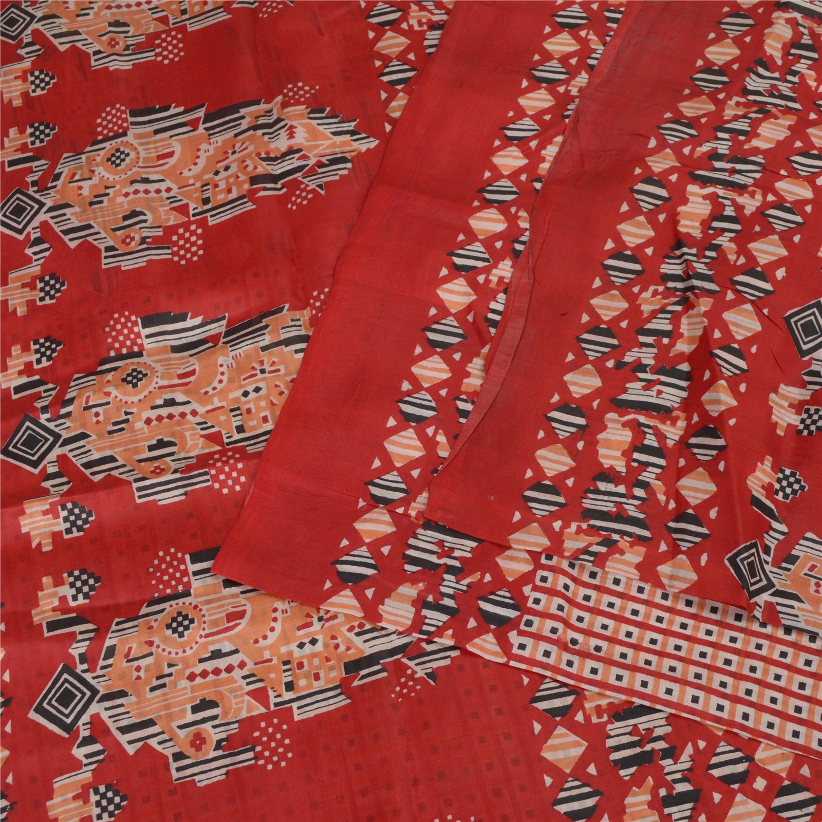 Sanskriti Vintage Saree Red & Cream 100% Pure Silk 4.5+Yard Saree Printed Geometric Paisley Bollywood Sari Dress Meterial Craft Fabric