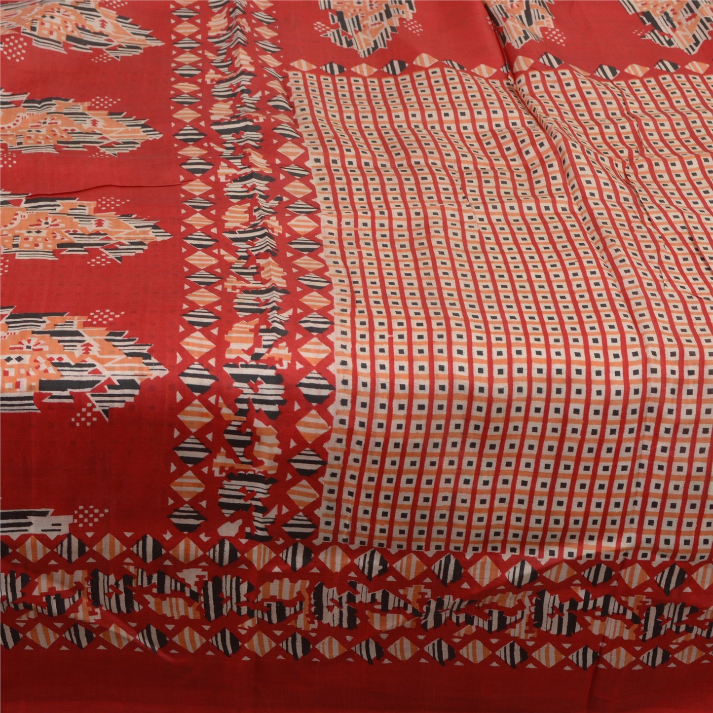 Sanskriti Vintage Red Saree 100% Pure Silk Printed Paisley Sari Craft Sustainable Fabric