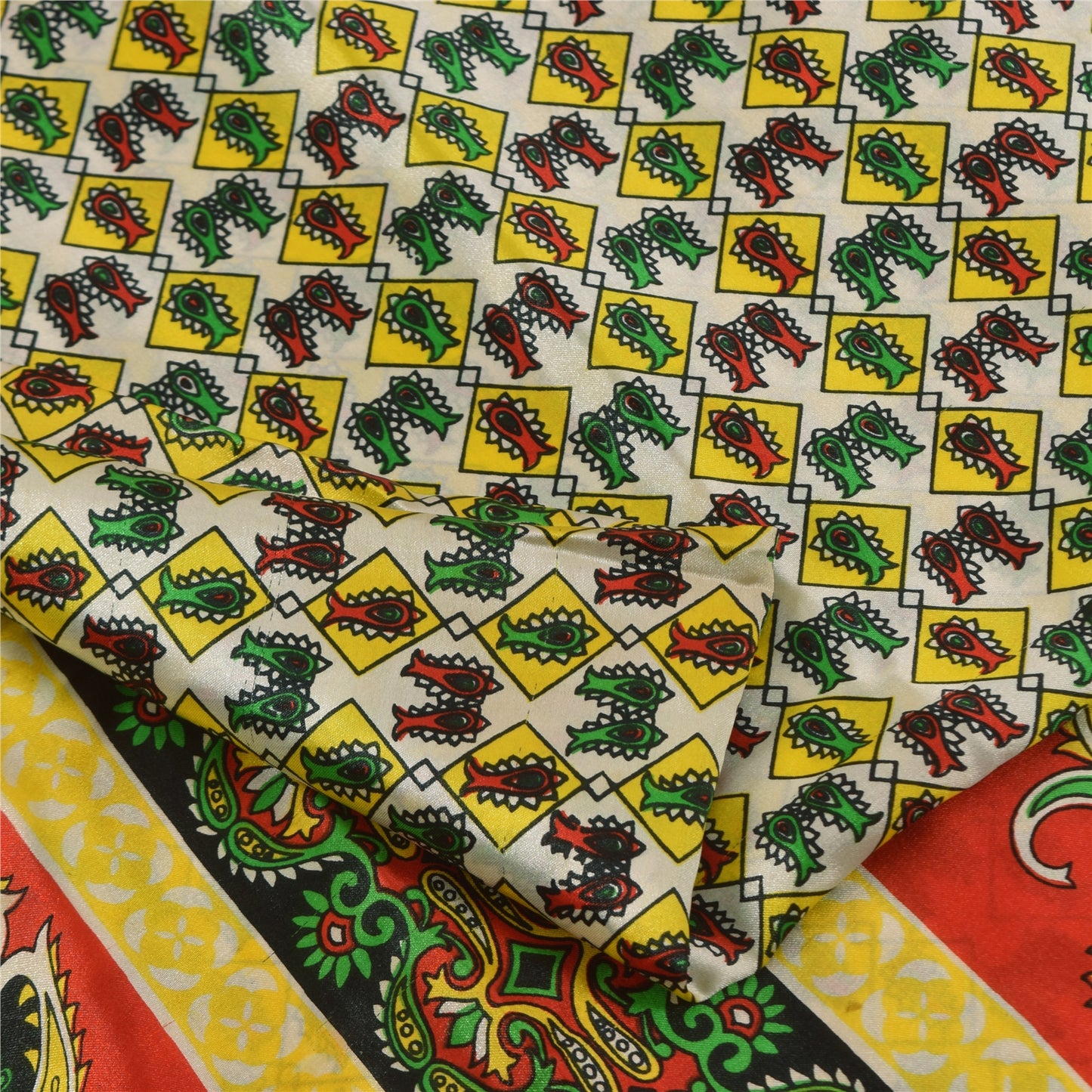 Sanskriti Vintage Paisley Printed Sarees Satin Silk Craft Fabric White Sari