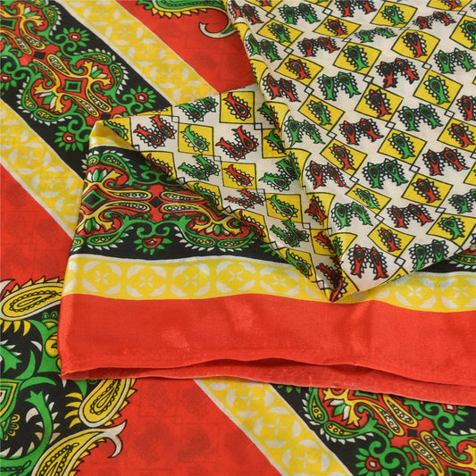 Sanskriti Vintage Paisley Printed Sarees Satin Silk Craft Fabric White Sari