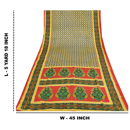 Sanskriti Vintage Paisley Printed Sarees Satin Silk Craft Fabric White Sari