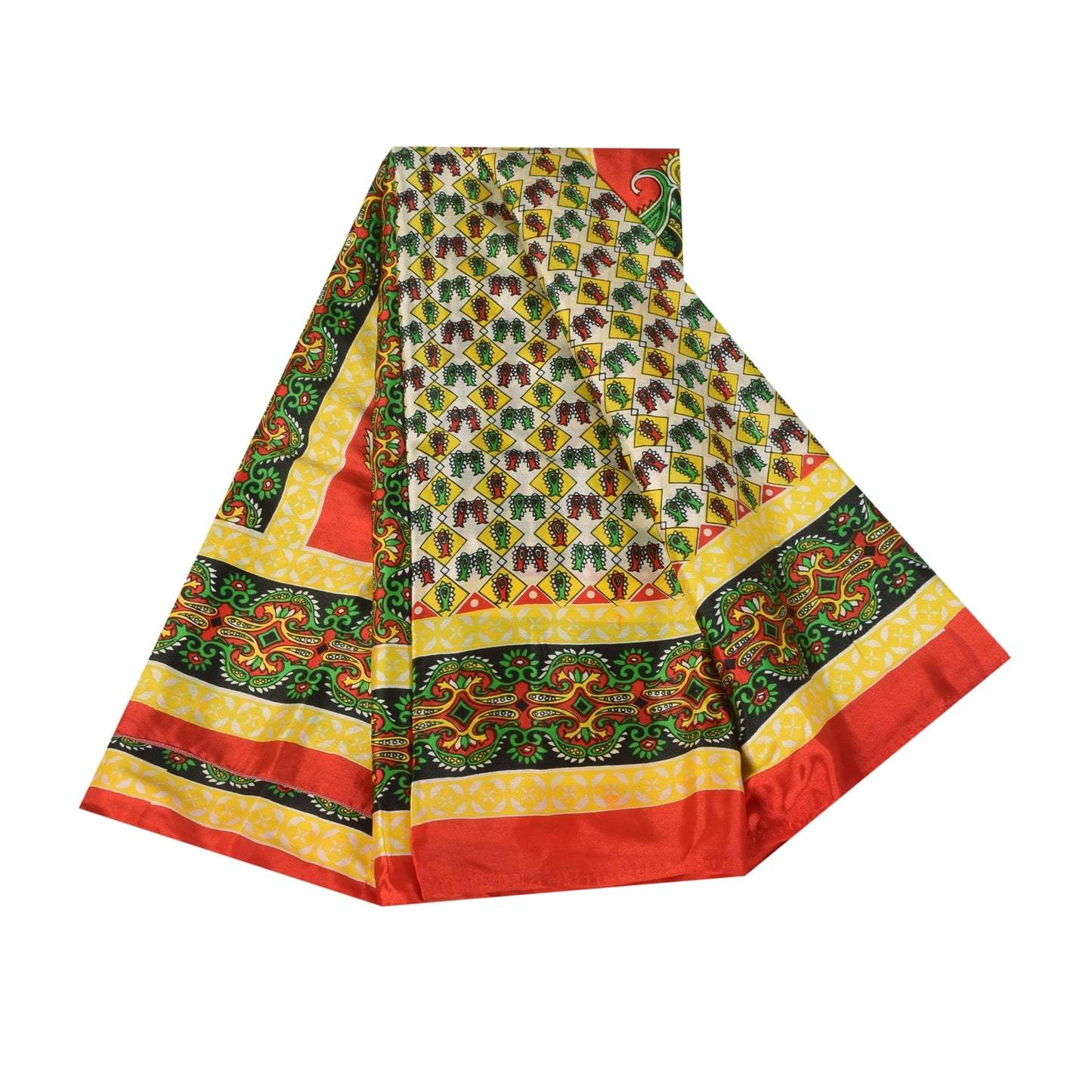 Sanskriti Vintage Paisley Printed Sarees Satin Silk Craft Fabric White Sari