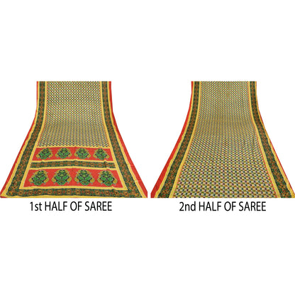 Sanskriti Vintage Paisley Printed Sarees Satin Silk Craft Fabric White Sari