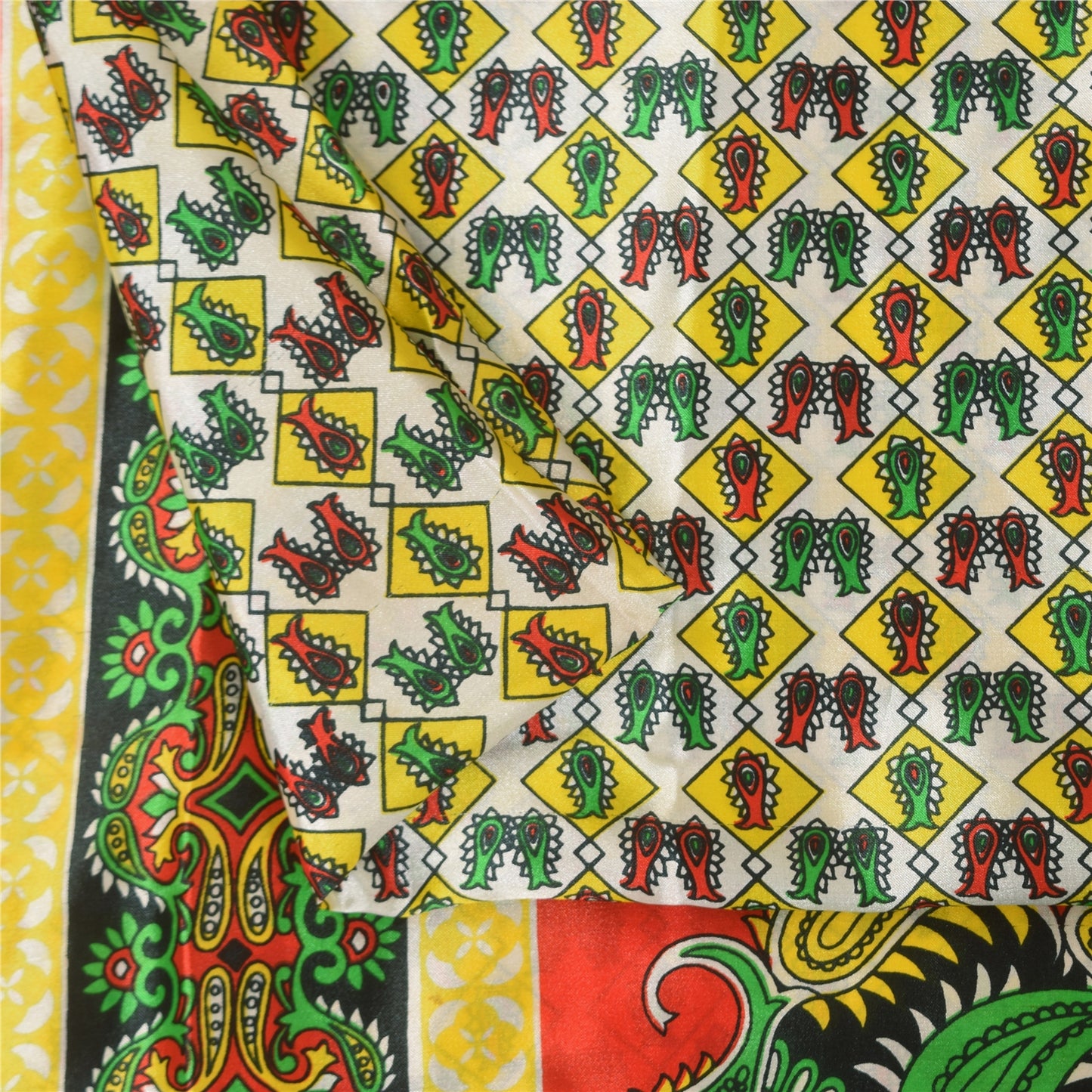 Sanskriti Vintage Paisley Printed Sarees Satin Silk Craft Fabric White Sari