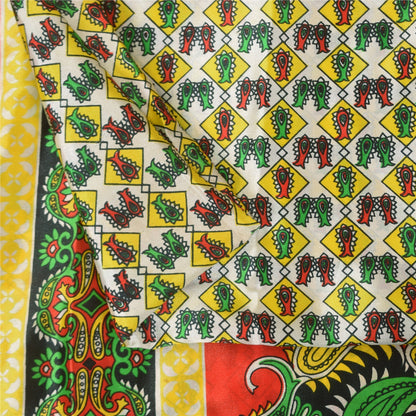 Sanskriti Vintage Paisley Printed Sarees Satin Silk Craft Fabric White Sari