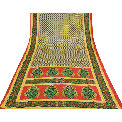 Sanskriti Vintage Paisley Printed Sarees Satin Silk Craft Fabric White Sari