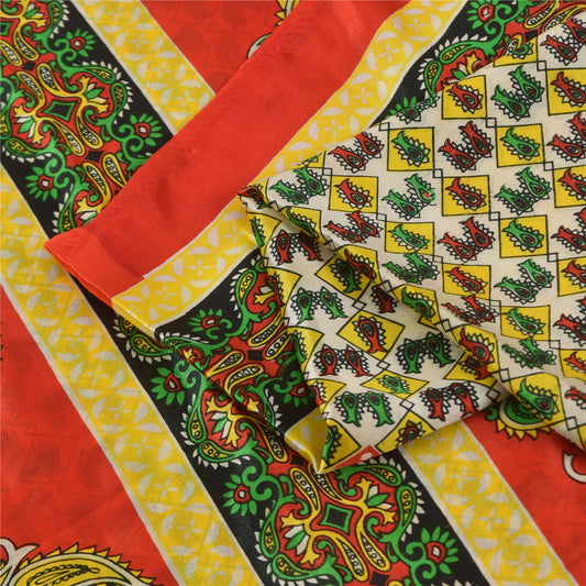 Sanskriti Vintage Paisley Printed Sarees Satin Silk Craft Fabric White Sari