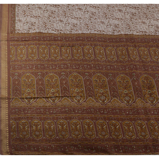 Sanskriti Vintage Art Silk Sarees White Printed Sari Craft 5 Yard Decor Fabric