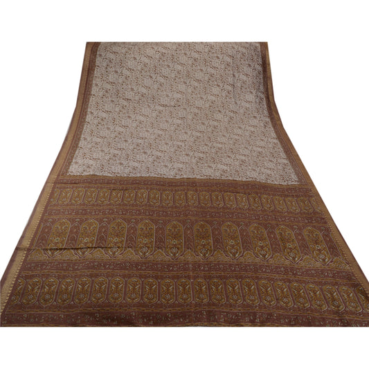 Sanskriti Vintage Art Silk Sarees White Printed Sari Craft 5 Yard Decor Fabric