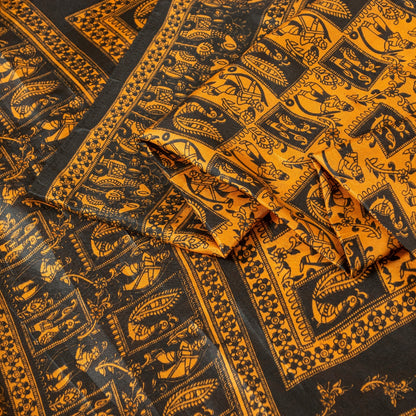 Sanskriti Vintage Yellow & Black Art Silk Sarees Peacock Human Printed 5+YD Sari