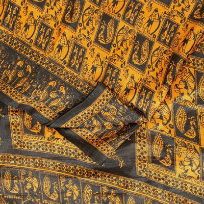 Sanskriti Vintage Yellow & Black Art Silk Sarees Peacock Human Printed 5+YD Sari