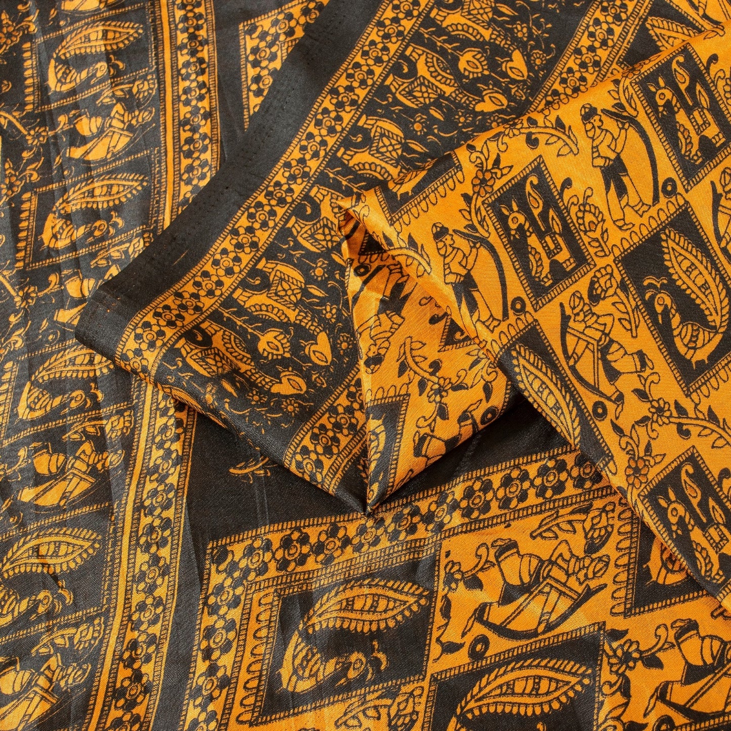 Sanskriti Vintage Yellow & Black Art Silk Sarees Peacock Human Printed 5+YD Sari
