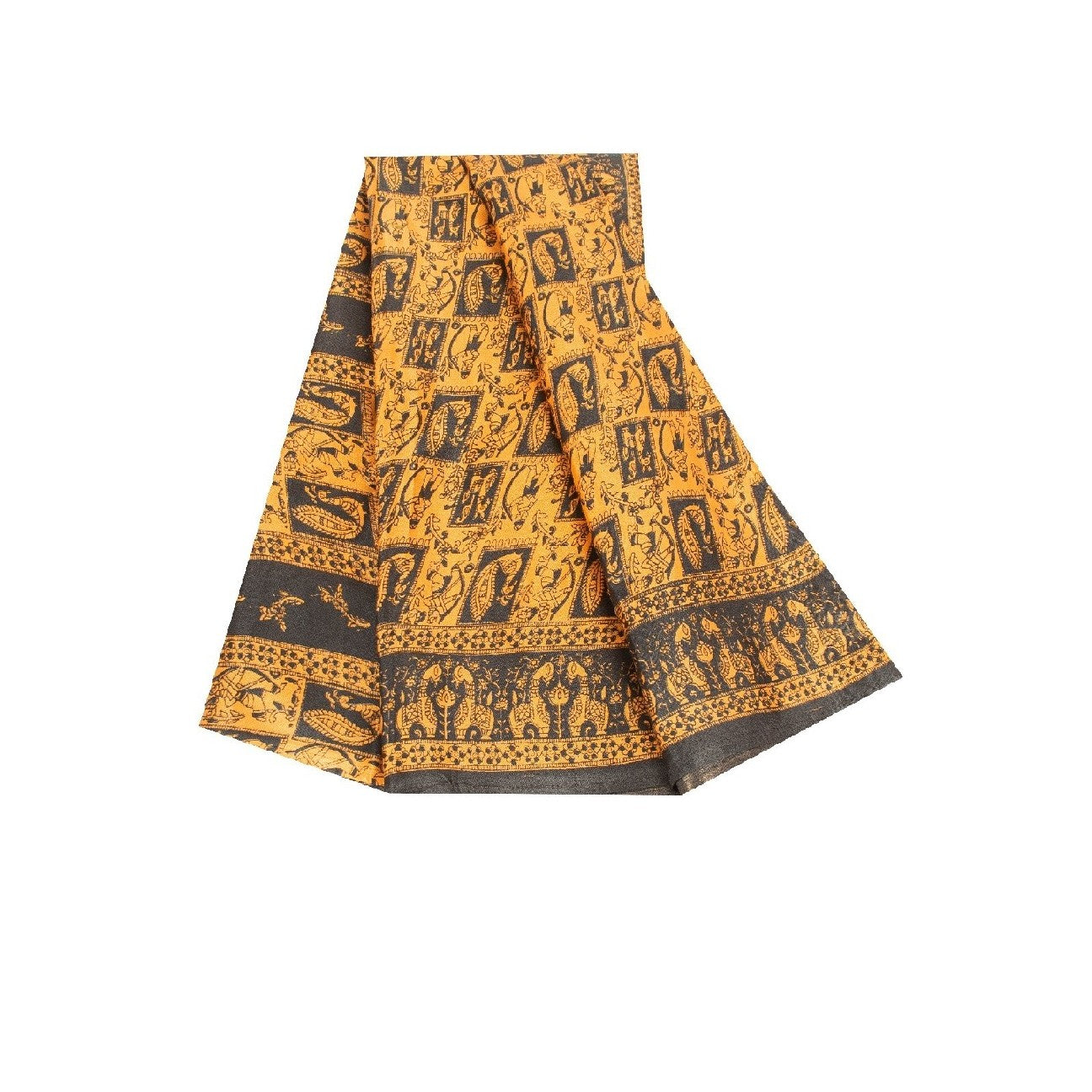 Sanskriti Vintage Yellow & Black Art Silk Sarees Peacock Human Printed 5+YD Sari
