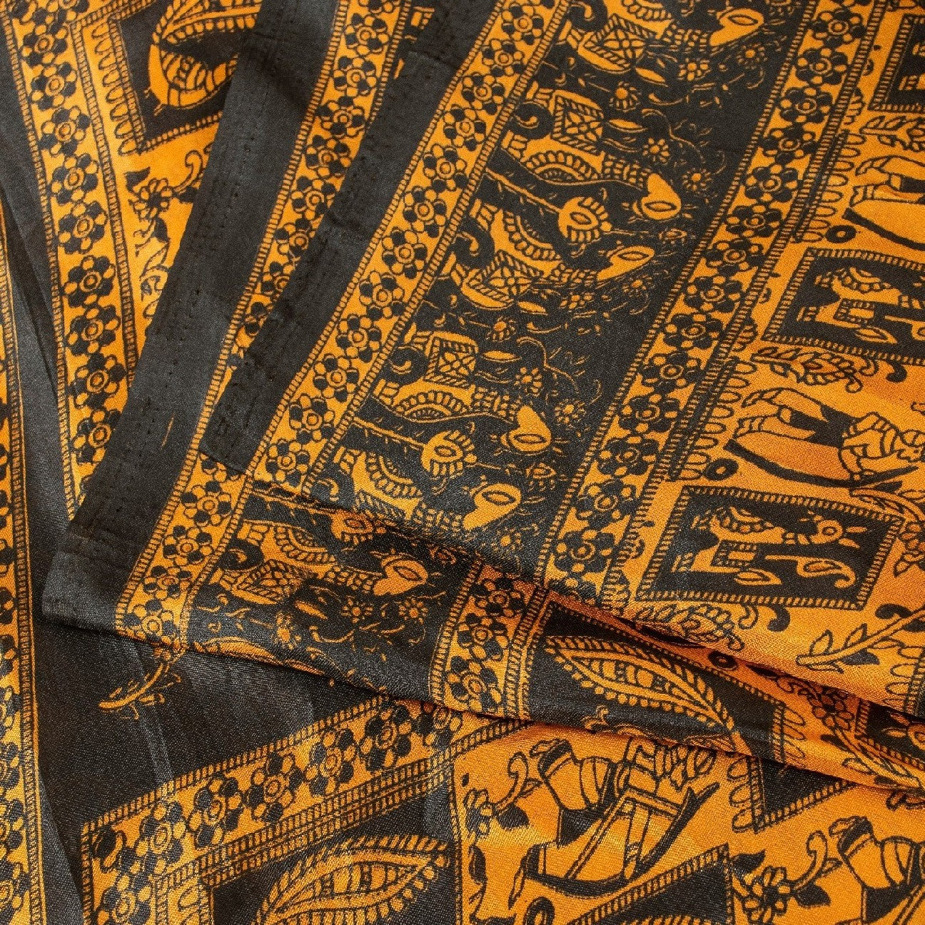 Sanskriti Vintage Yellow & Black Art Silk Sarees Peacock Human Printed 5+YD Sari