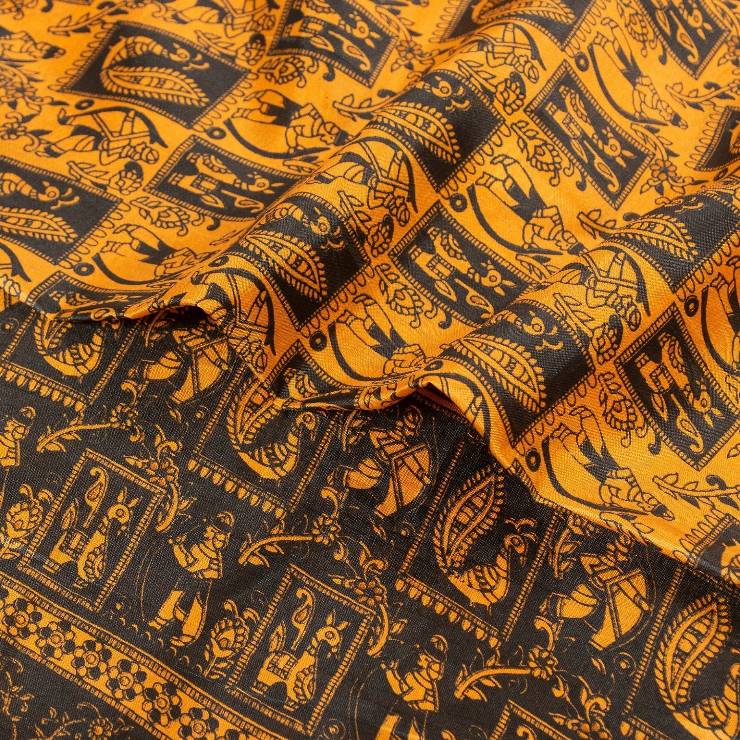 Sanskriti Vintage Yellow & Black Art Silk Sarees Peacock Human Printed 5+YD Sari