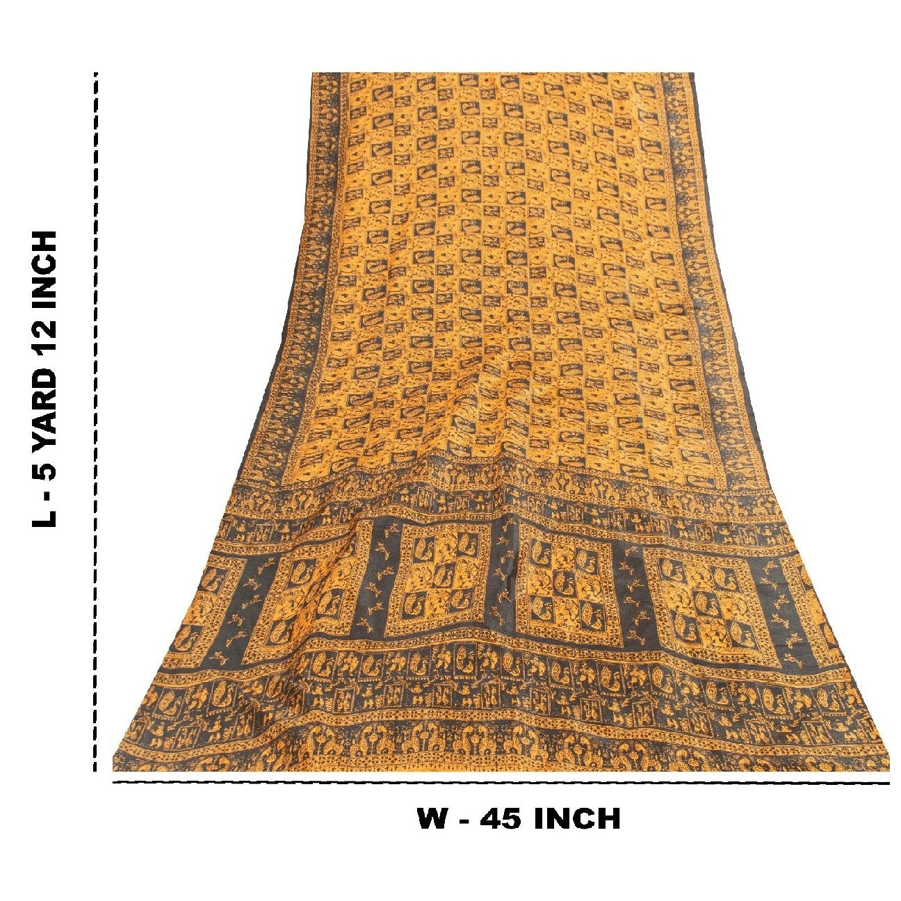 Sanskriti Vintage Saree Yellow & Black Art Silk 5+Yd Saree Craft Fabric Peacock Human Printed Sari For Crafting, Upcycling, Even Wearing