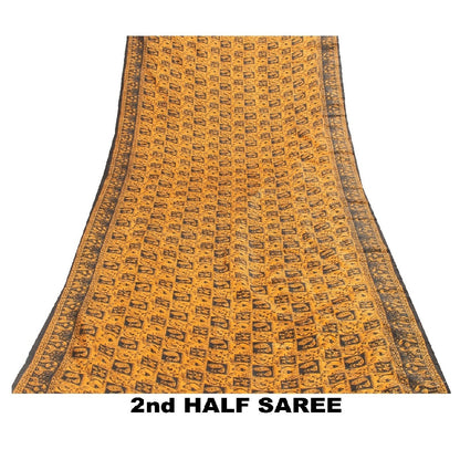 Sanskriti Vintage Yellow & Black Art Silk Sarees Peacock Human Printed 5+YD Sari