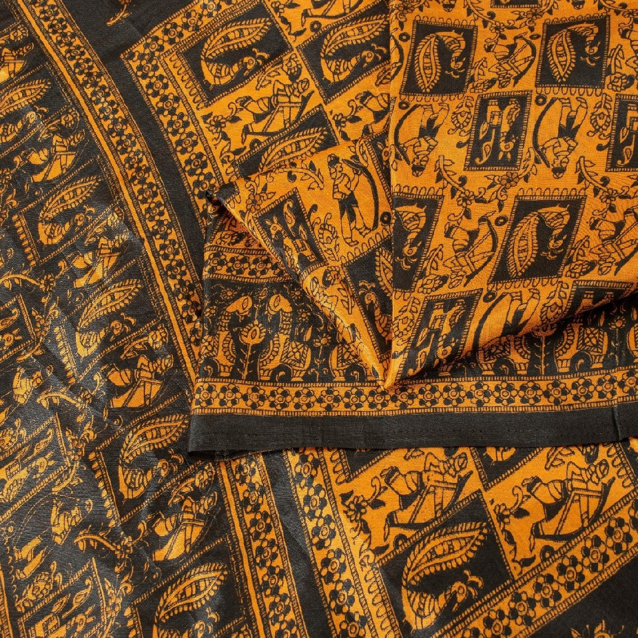 Sanskriti Vintage Yellow & Black Art Silk Sarees Peacock Human Printed 5+YD Sari