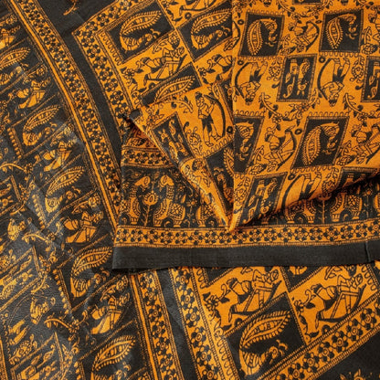 Sanskriti Vintage Yellow & Black Art Silk Sarees Peacock Human Printed 5+YD Sari