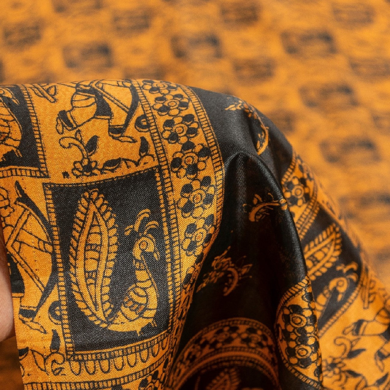 Sanskriti Vintage Yellow & Black Art Silk Sarees Peacock Human Printed 5+YD Sari