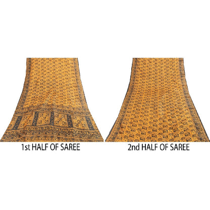 Sanskriti Vintage Yellow & Black Art Silk Sarees Peacock Human Printed 5+YD Sari