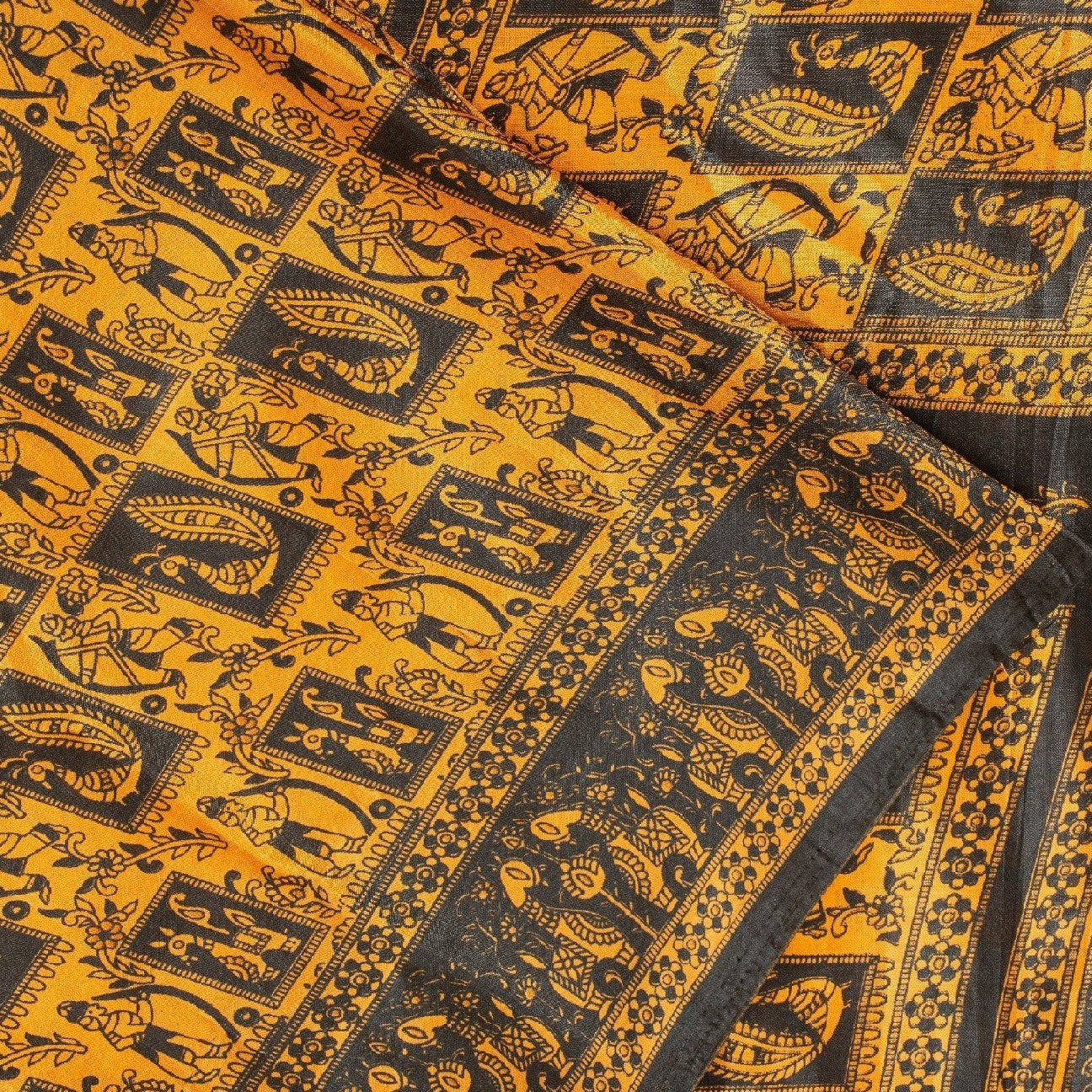 Sanskriti Vintage Yellow & Black Art Silk Sarees Peacock Human Printed 5+YD Sari