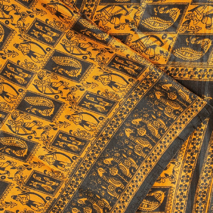 Sanskriti Vintage Yellow & Black Art Silk Sarees Peacock Human Printed 5+YD Sari