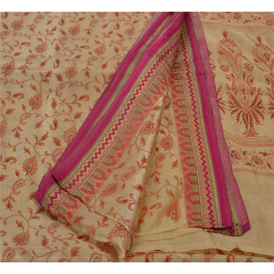 Sanskriti Vintage Art Silk Sarees Cream Printed Sari Craft Zari Border Fabric