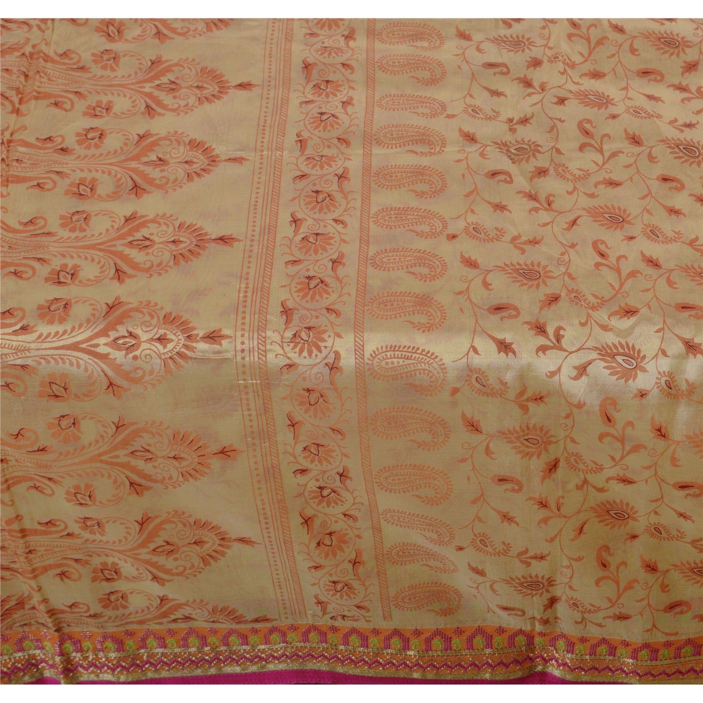 Sanskriti Vintage Art Silk Sarees Cream Printed Sari Craft Zari Border Fabric