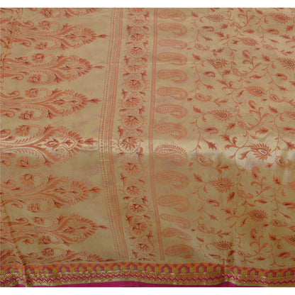 Sanskriti Vintage Art Silk Sarees Cream Printed Sari Craft Zari Border Fabric